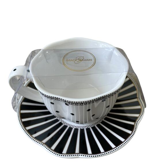 GRACE TEAWARE Black & White Striped Polka Dots Teacup and Saucer Set of 2 New - Picture 6 of 16